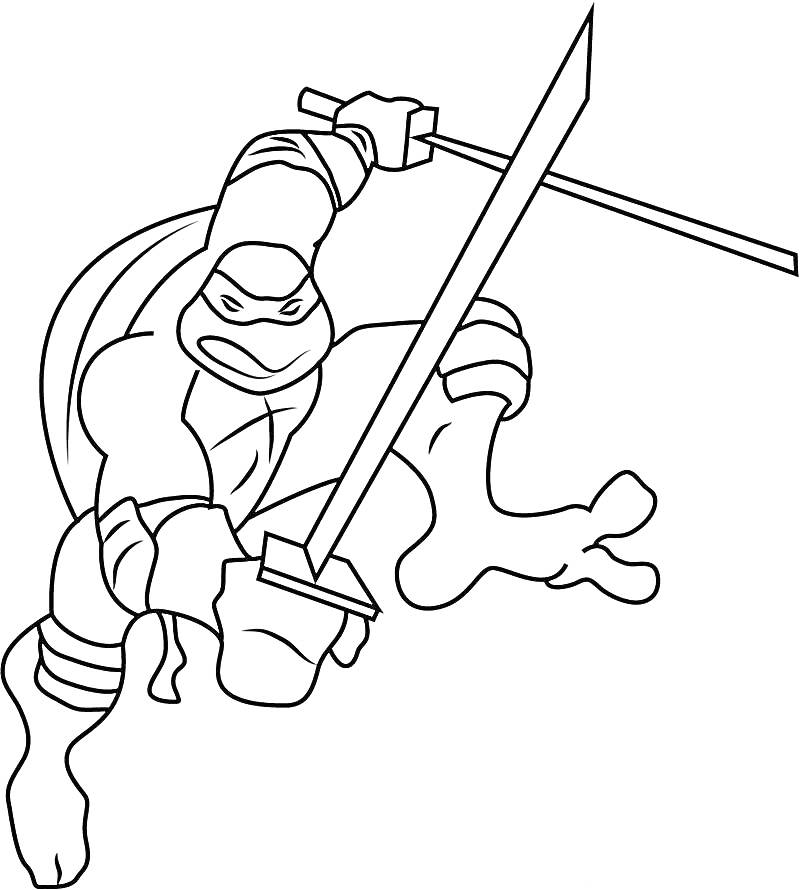 Раскраска Леонардо, черепашка-ниндзя с двумя мечами в боевой позе