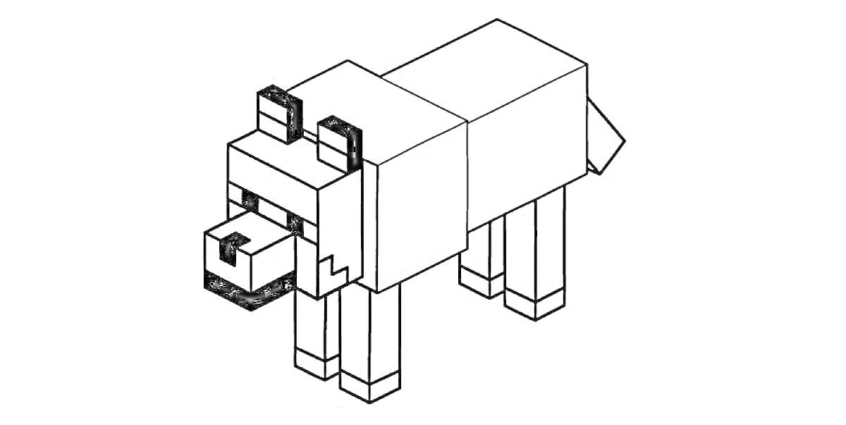 Раскраска Собака из Майнкрафта с кубическим дизайном, стоящая на четырех ногах