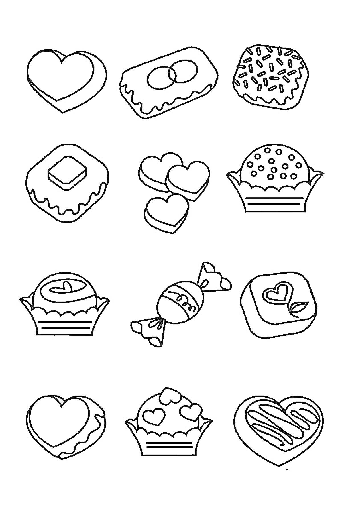 Раскраска Набор сладостей: сердце, прямоугольное печенье с яйцами, круглый кекс с посыпкой, квадратное печенье с кубиком, два сердечка, кекс с глазурью и точками, конфетка в обертке, квадратное печенье с сердечком, сердце, кекс с точками, сердце с полосками