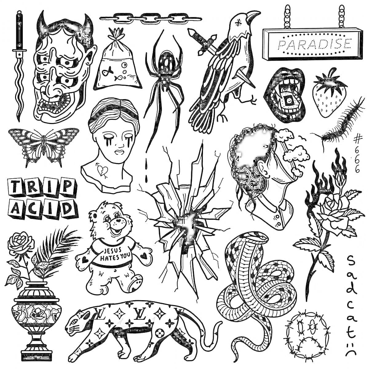 Раскраска Набор татуировок в стиле олд скул: демон, кинжал, цепь, мешок, паук, попугай, вывеска 