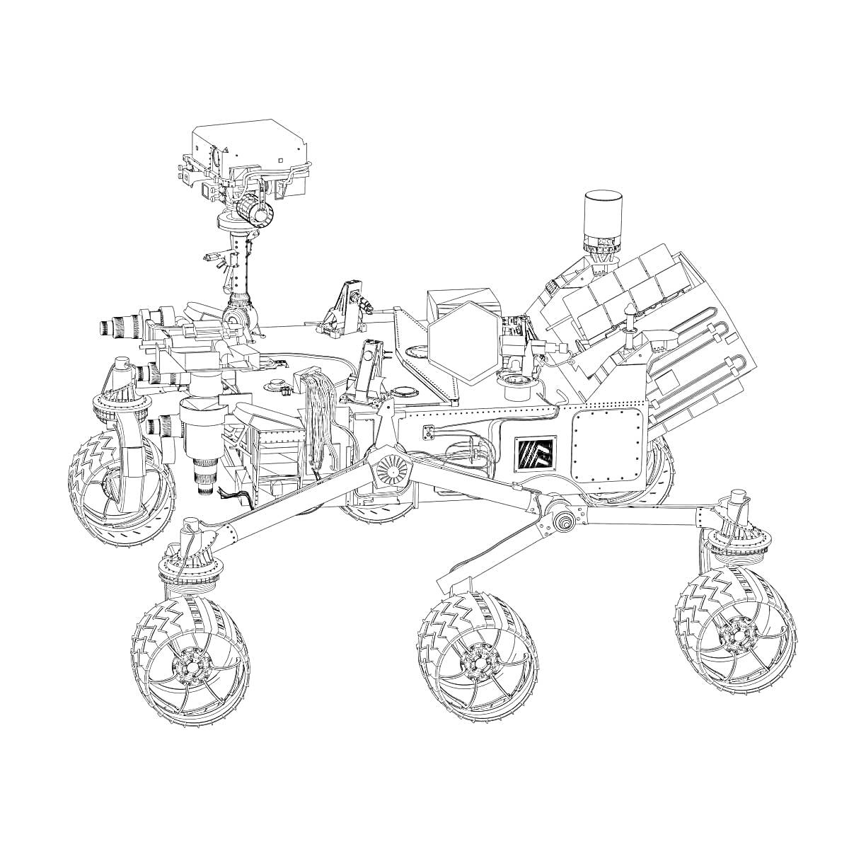 Раскраска Марсоход с камерой, антеннами, шестью колесами и манипуляторами