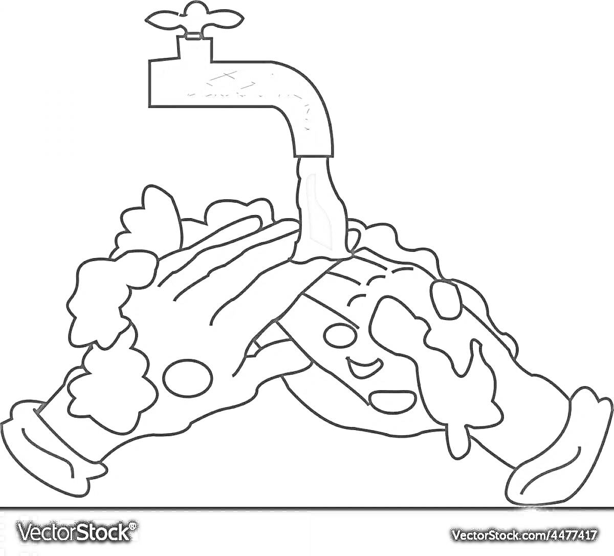 Раскраска Мытье рук под краном с мылом и пеной