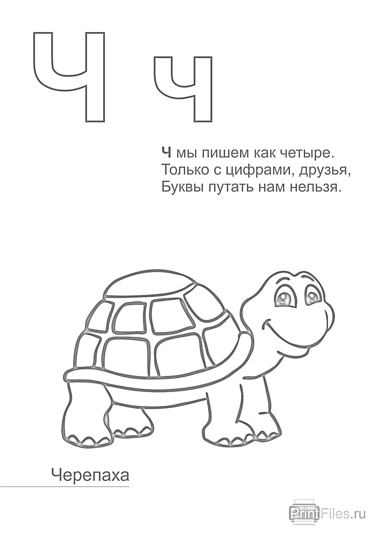 На раскраске изображено: Черепаха, Для детей, Алфавит, Буквы, Обучение, Русский язык, Стишок