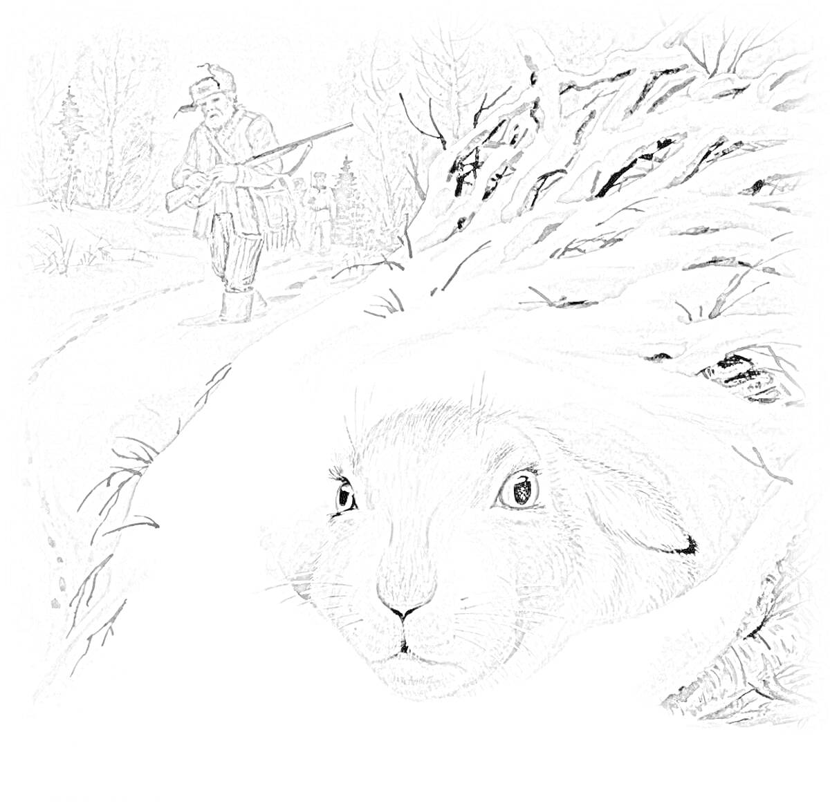 Раскраска Охотник и заяц в зимнем лесу