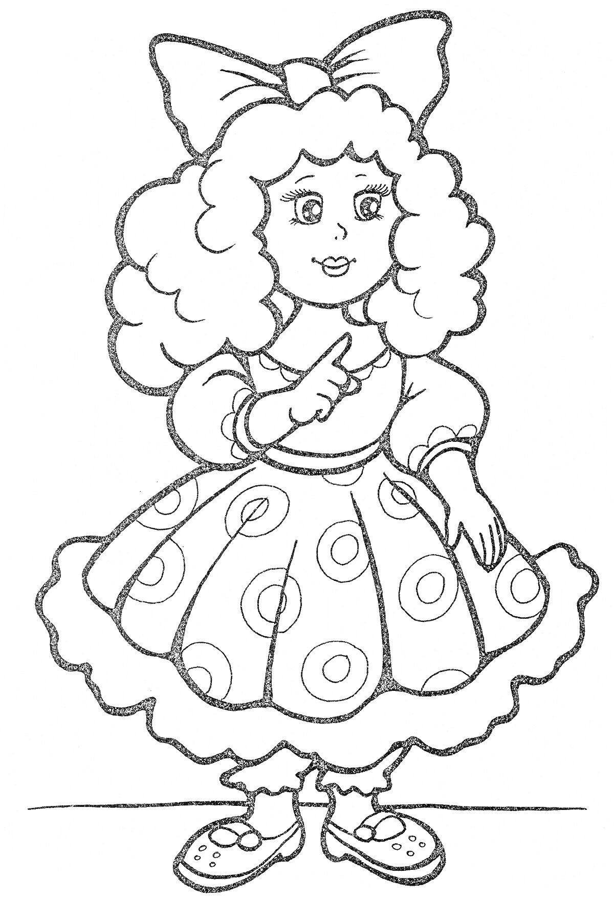 Раскраска Кукла с кудрявыми волосами в платье с кругами, в туфлях с бантом и большим бантом на голове
