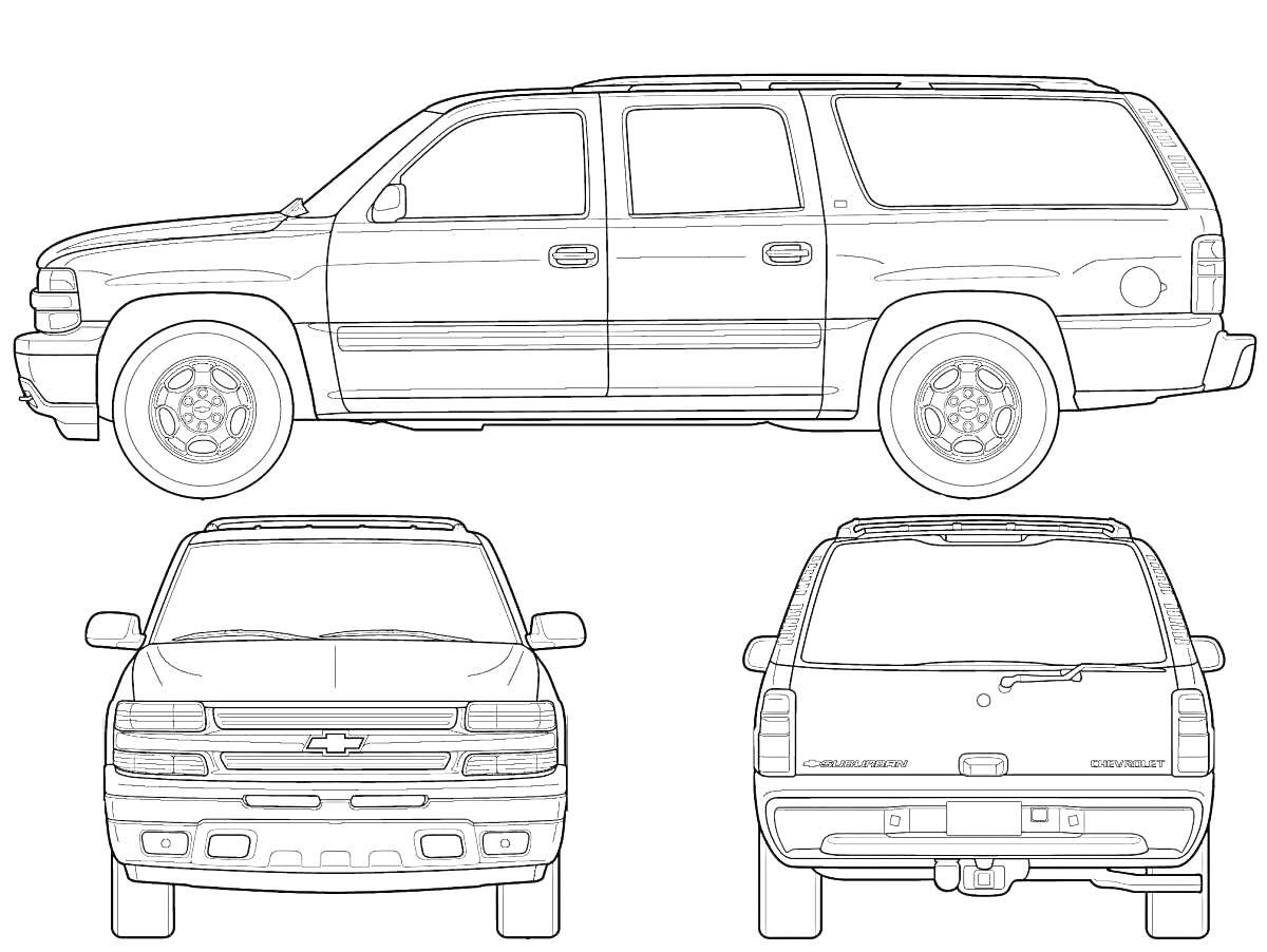 На раскраске изображено: Chevrolet, Транспорт, SUV