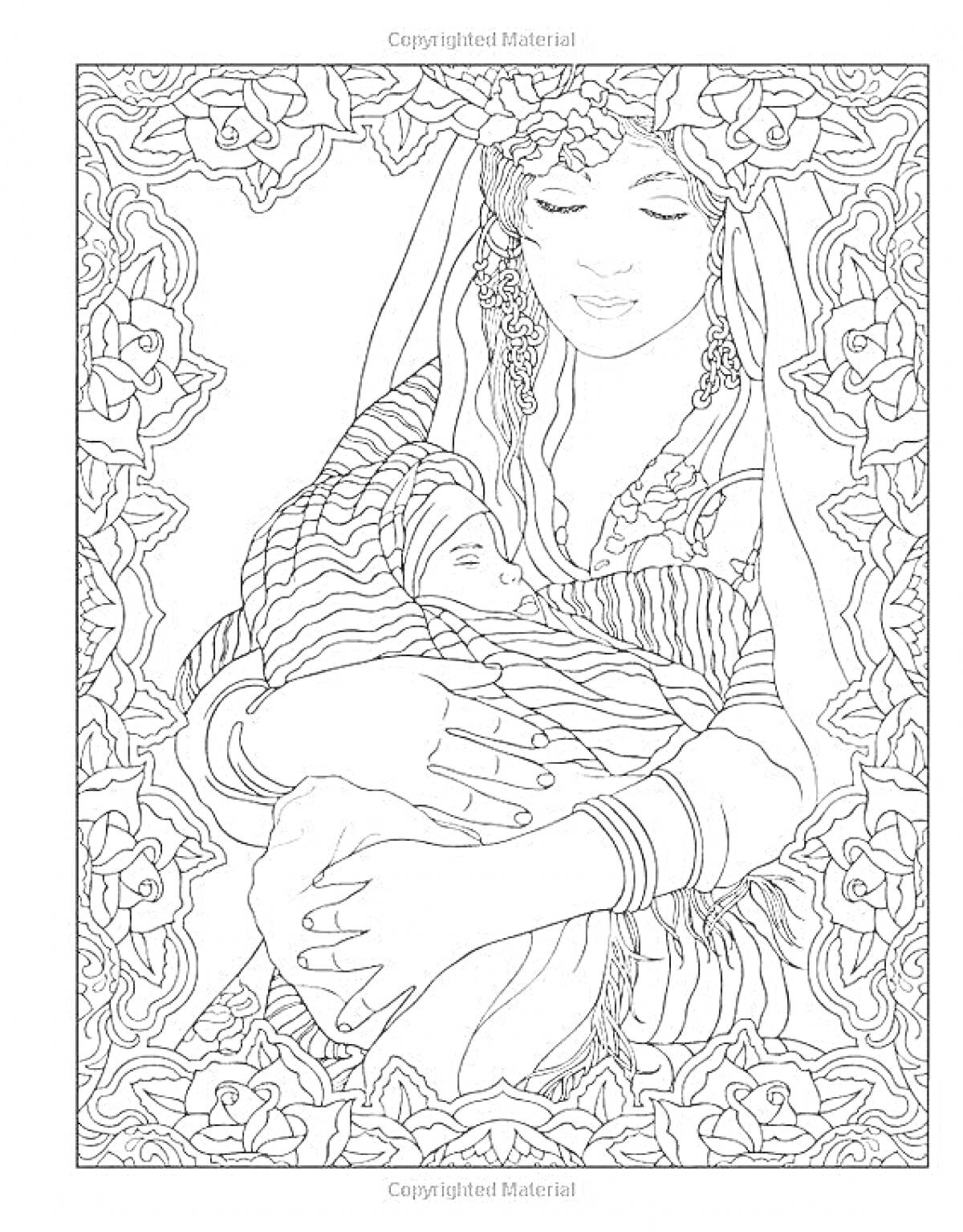 Раскраска Женщина с младенцем в окружении цветов