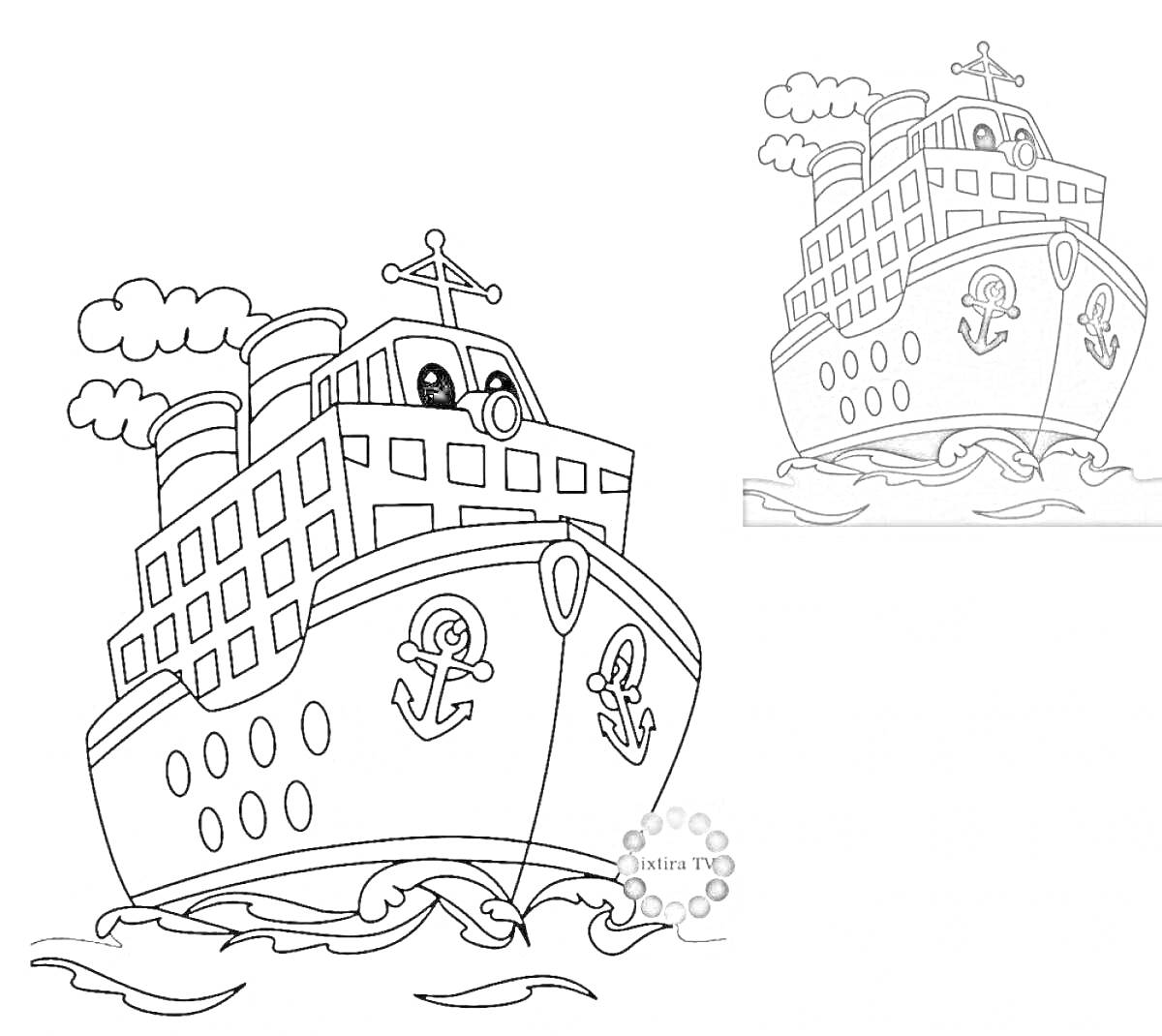 На раскраске изображено: Корабль, Якоря, Волны, Облака, Лицо