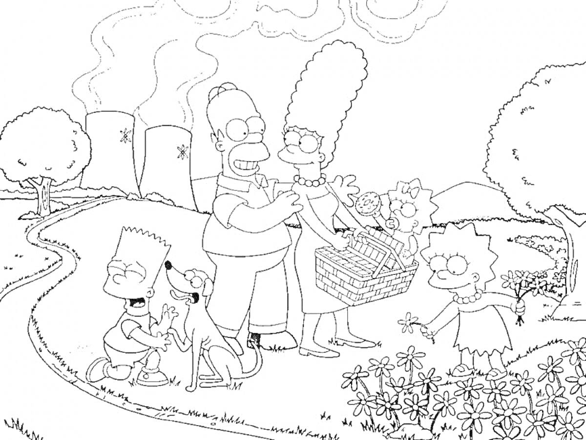 На раскраске изображено: Симпсоны, Гомер Симпсон, Мардж Симпсон, Барт Симпсон, Лиза Симпсон, Атомная электростанция, Природа, Собака, Пикник, Цветы, Деревья