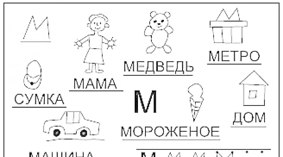 На раскраске изображено: Корона, Мама, Медведь, Метро, Сумка, Мороженое, Дом, Буква М, Учеба