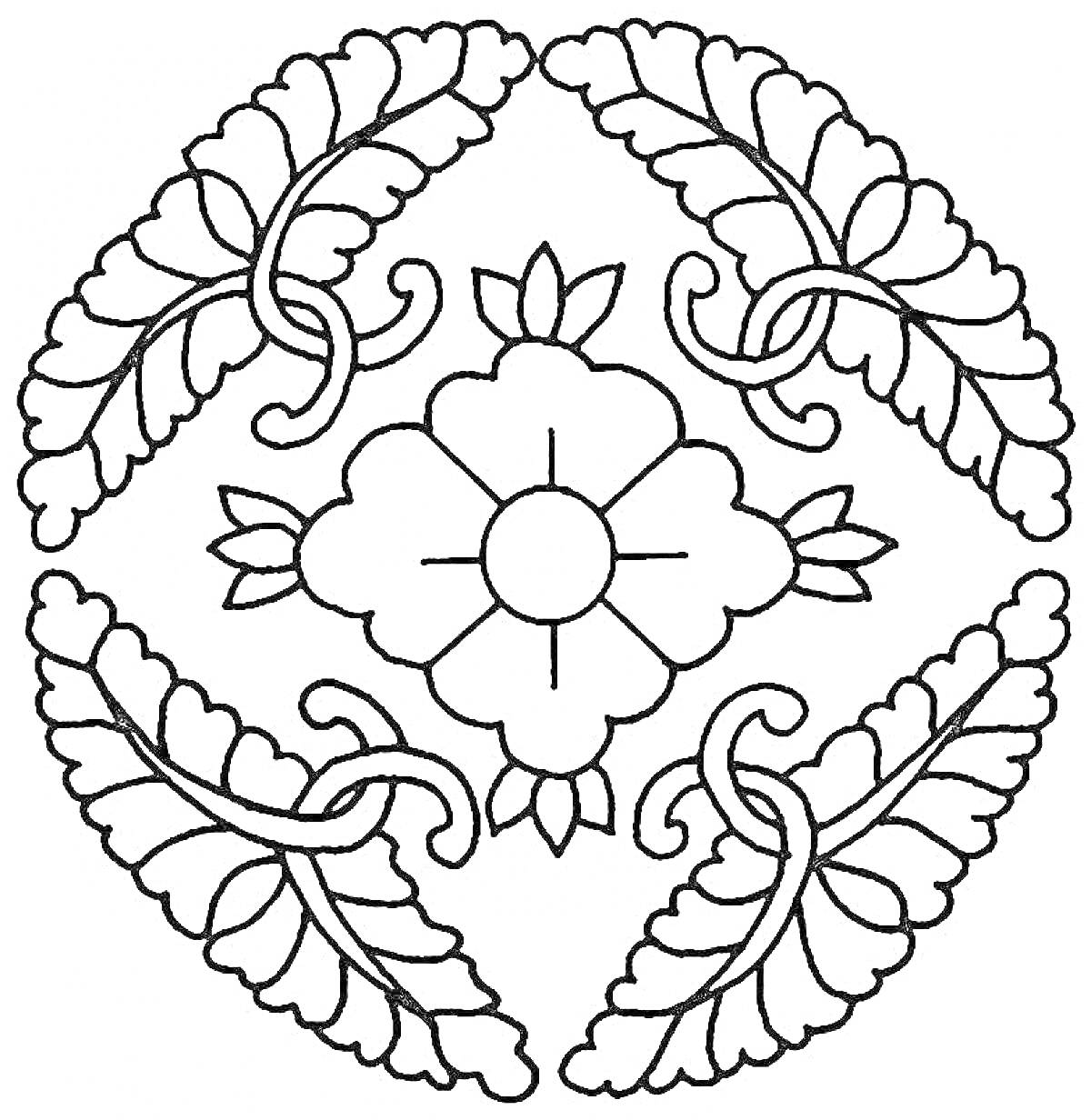Раскраска Цветок в центре с четырьмя изогнутыми листьями по кругу
