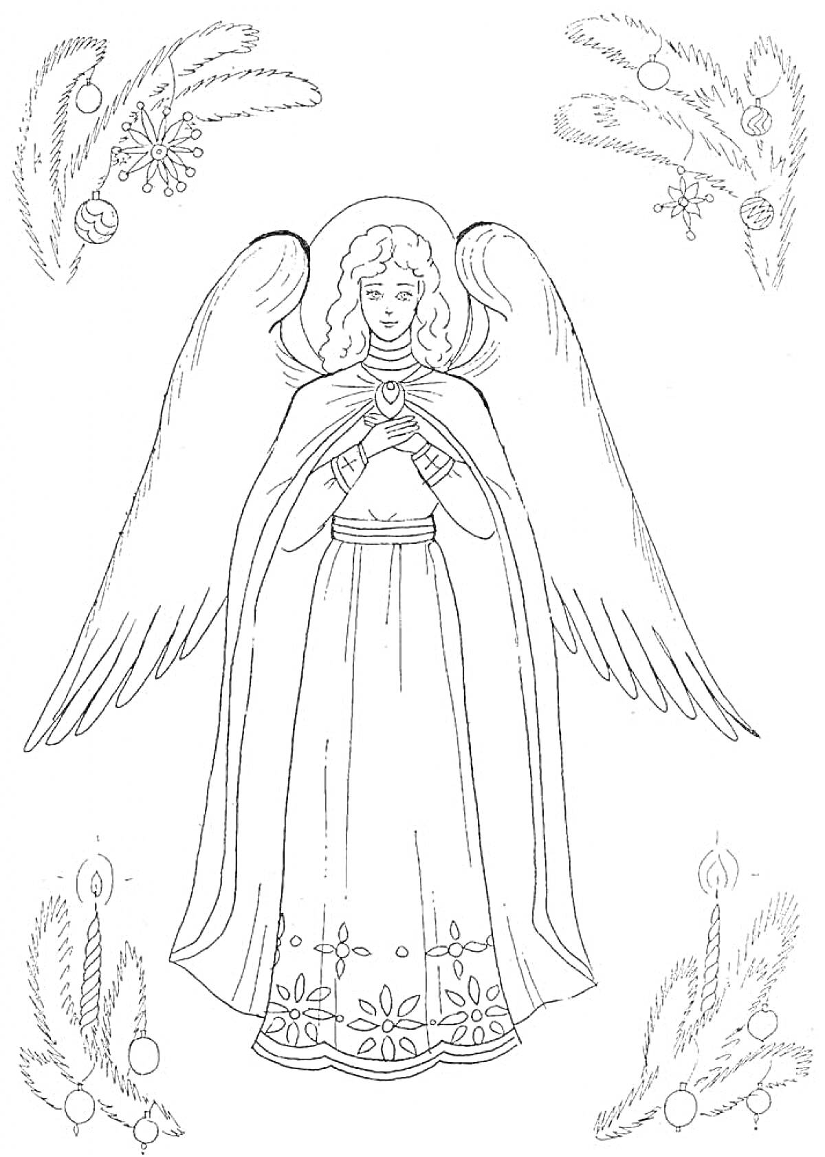 Рождественский ангел с простертыми крыльями, в длинном платье, украшенном снежинками и цветами. В углах - новогодние елочные украшения и ветви.