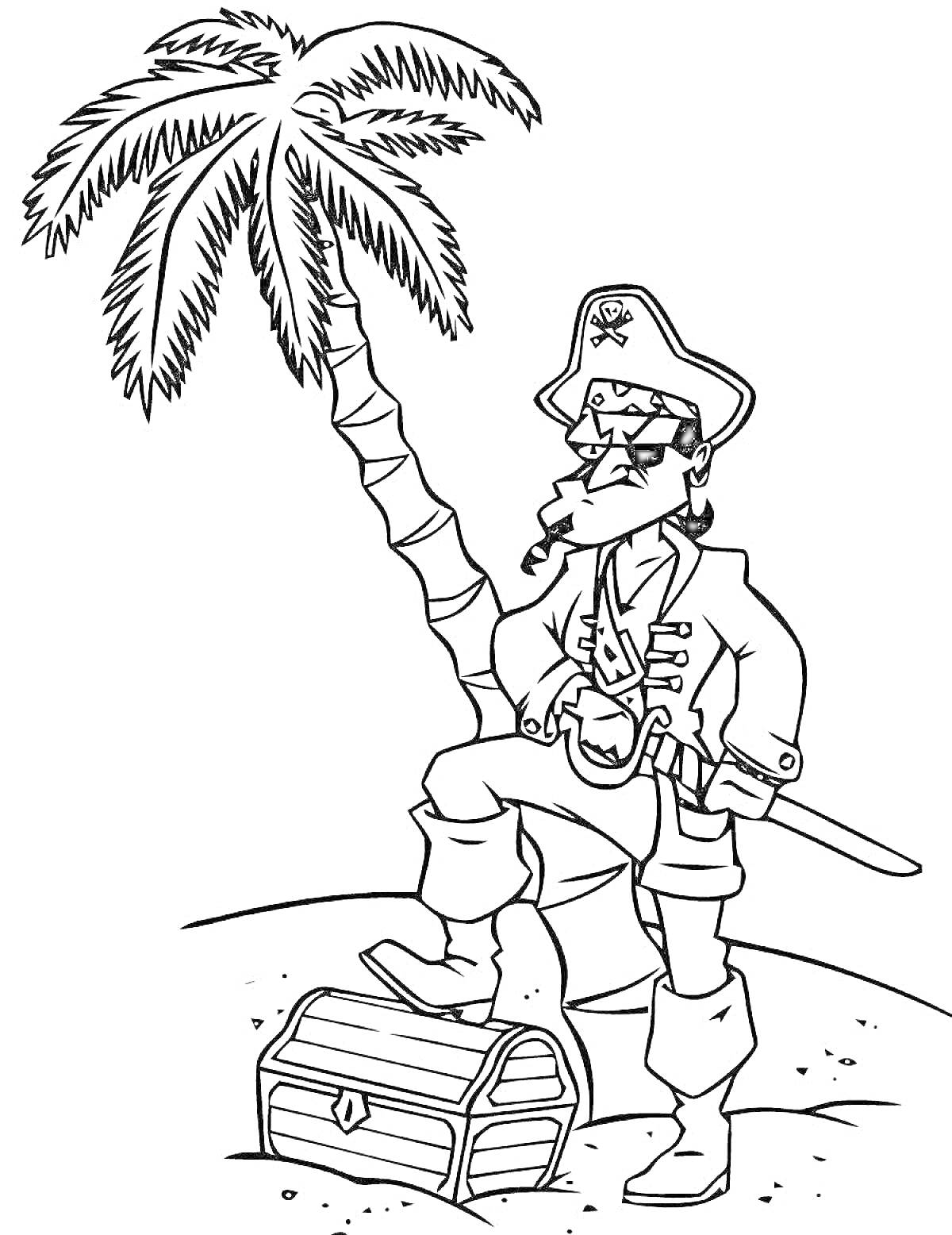 Раскраска Пират с сундуком под пальмой