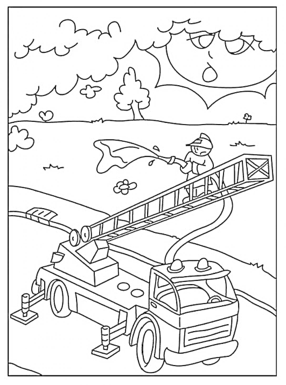 Раскраска Пожарная машина с выдвижной лестницей и пожарный, тушащий огонь, на фоне пейзажа с деревьями и солнцем с облаками