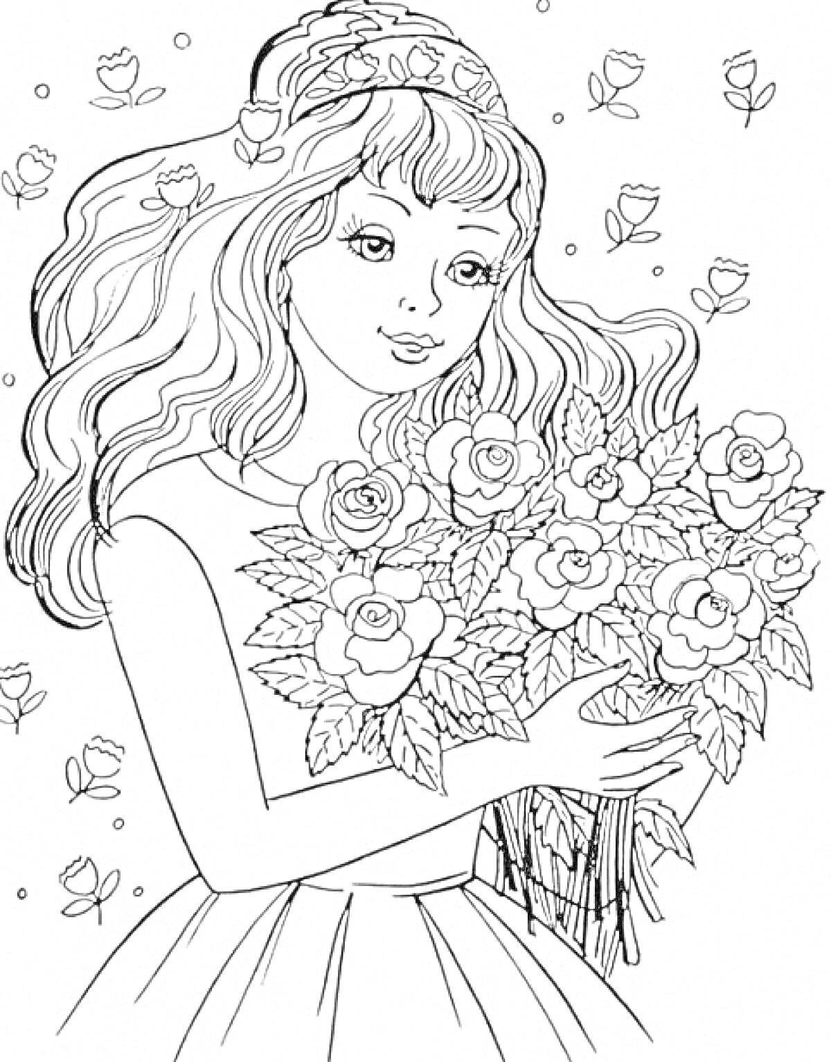 На раскраске изображено: Розы, Волосы, Платье, Цветы, Венок, Букет цветов, Девочка