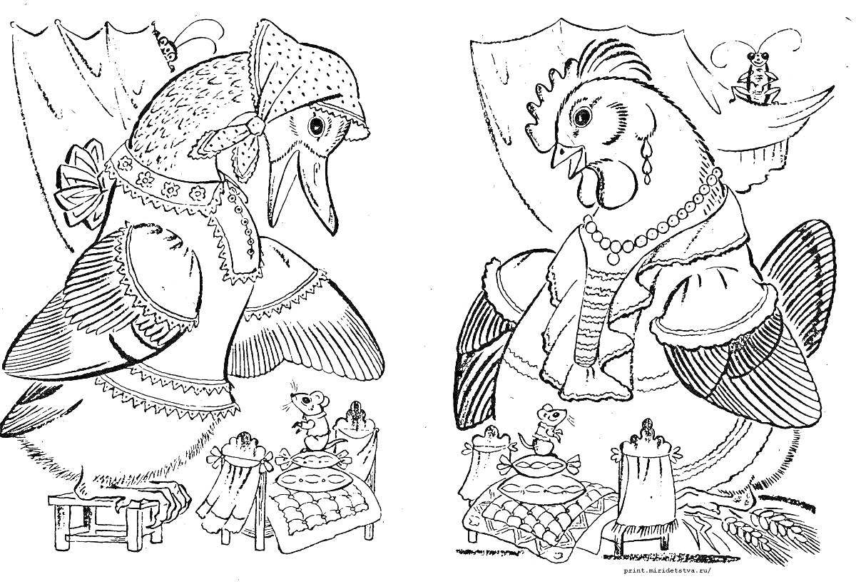  Петух и курица, стол с тремя мышами, занавеска, глупый мышонок