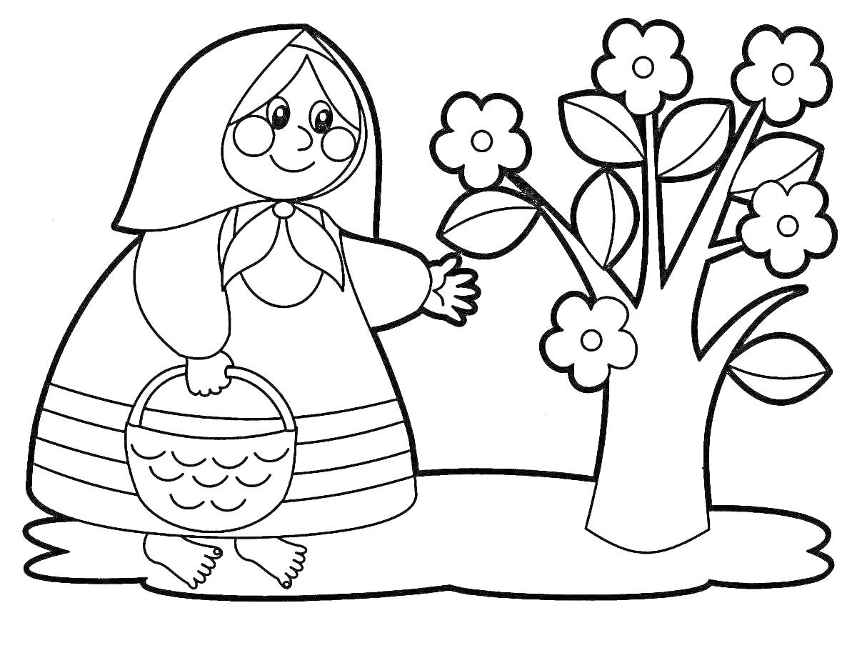 Раскраска Девочка с корзинкой рядом с цветущим деревом