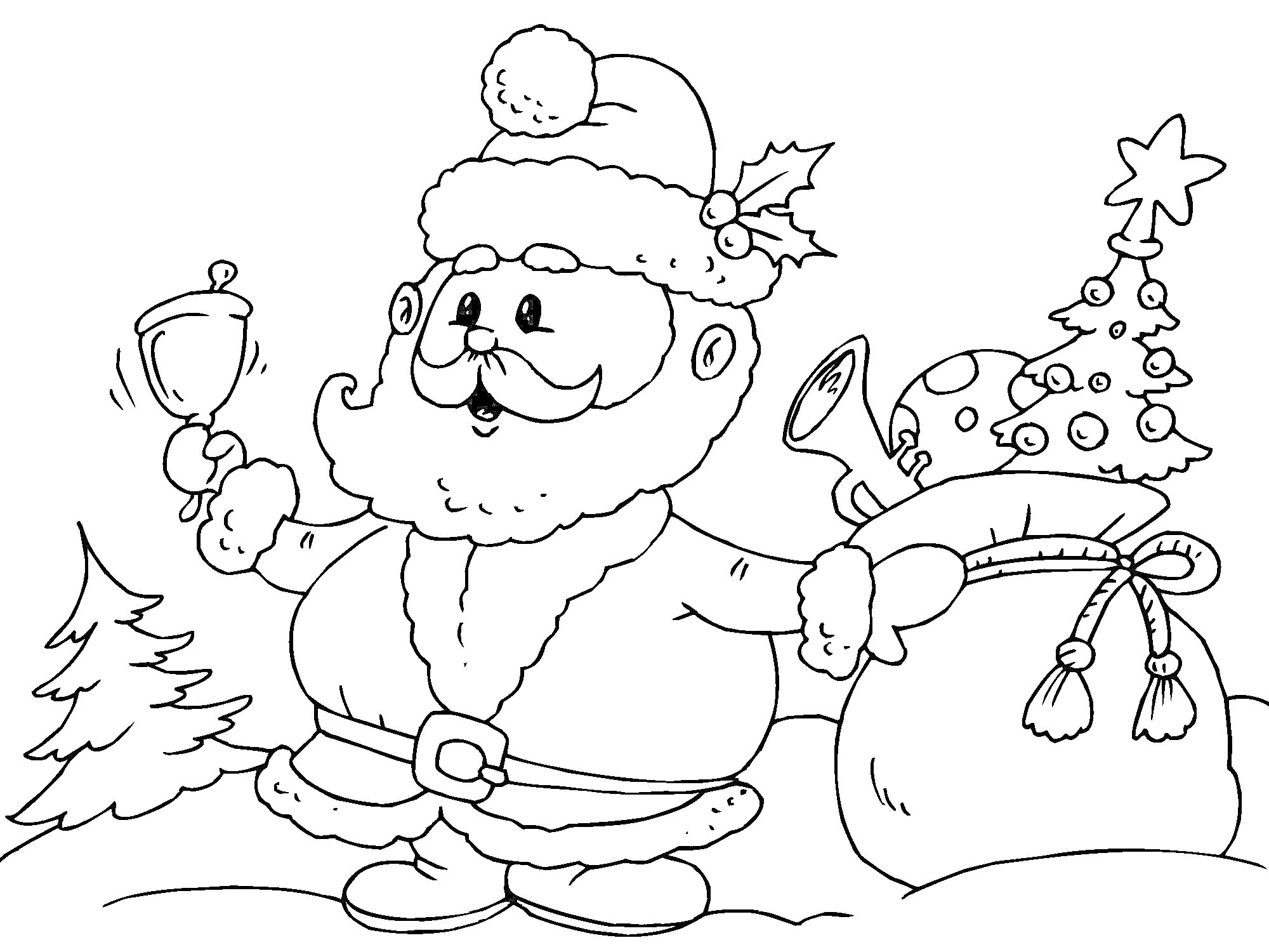 На раскраске изображено: Дед Мороз, Колокольчик, Новогодняя ёлка, Снег, Рождество, Зима, Елки, Мешок с подарками, Праздники