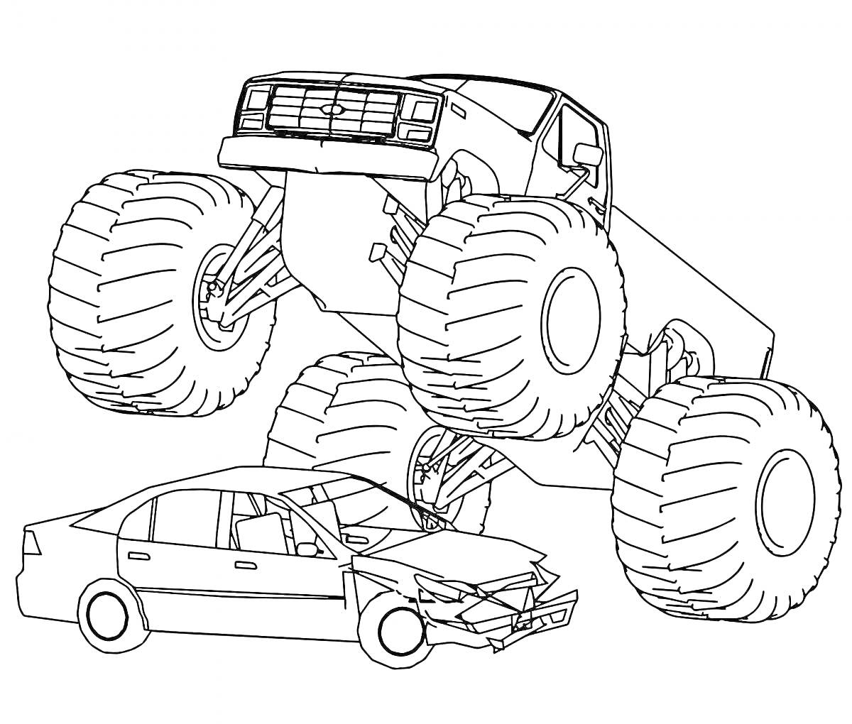 Раскраска Монстр-трак на больших колесах переезжает легковой автомобиль