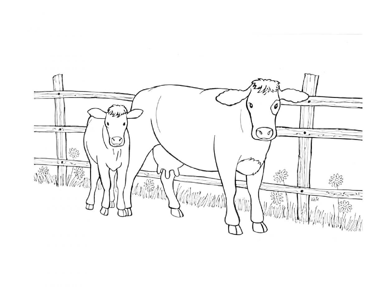 На раскраске изображено: Домашние животные, Корова, Теленок, Забор, Трава, Ферма, Для детей