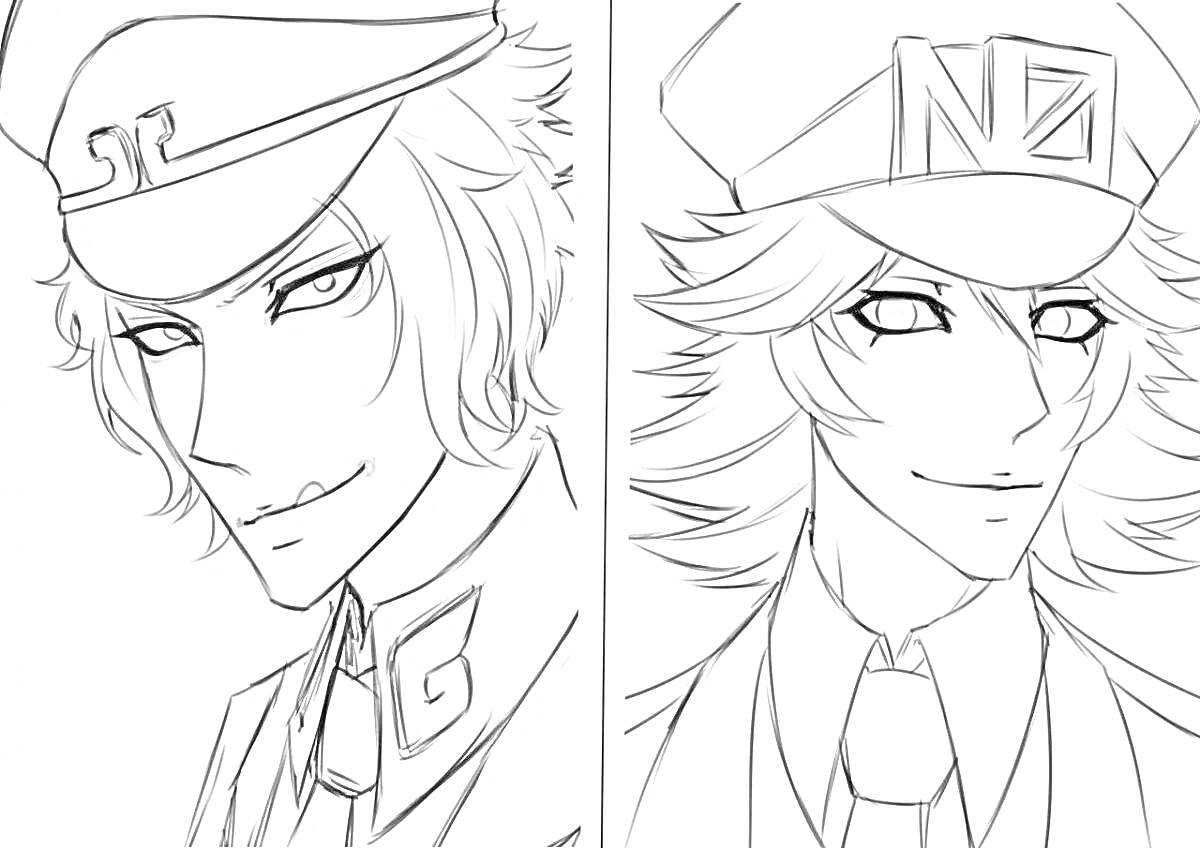 Раскраска Два персонажа в форме, один из них в фуражке с надписью 