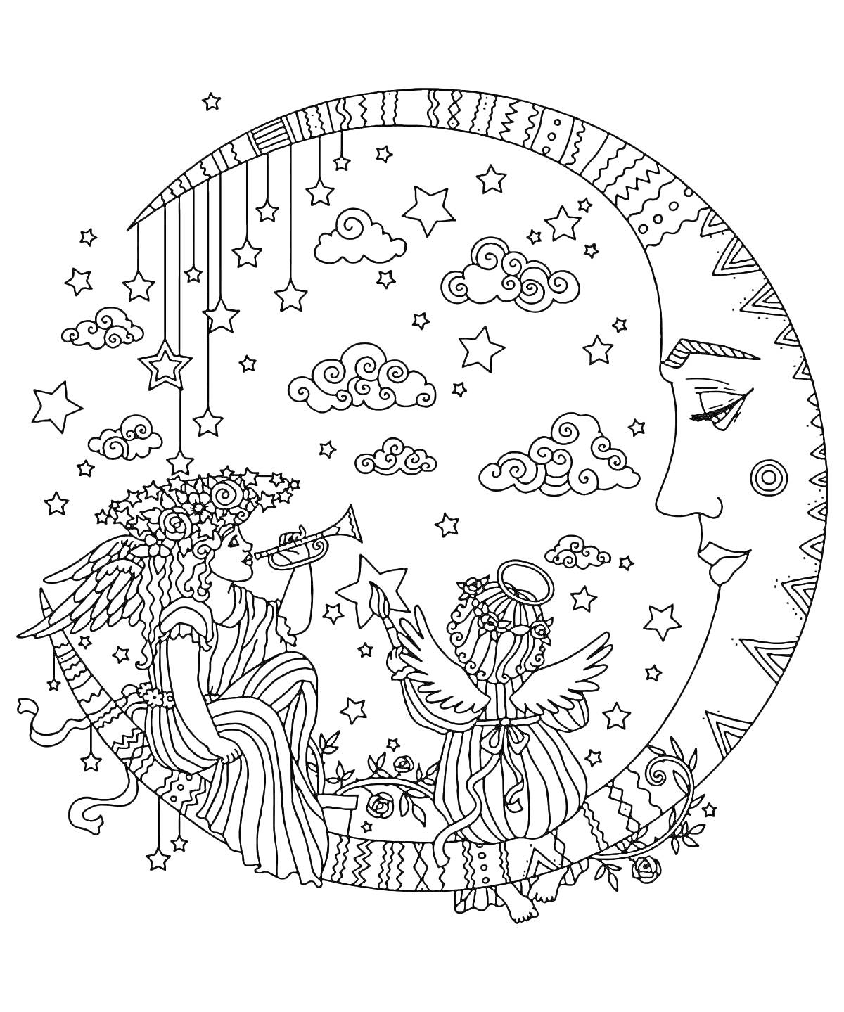 На раскраске изображено: Релакс, Луна, Арфа, Труба, Облака, Звезды, Подвески, Месяц, Небо