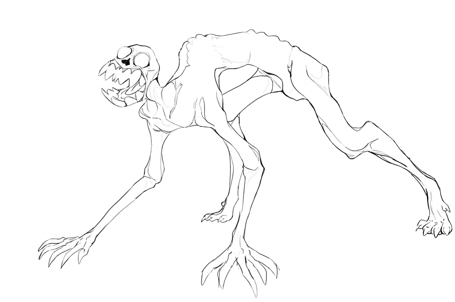 Раскраска Существо с крупными когтями, длинными конечностями и острыми зубами на коричневом фоне