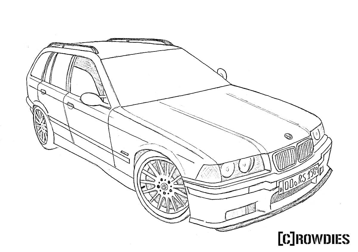 Раскраска Контурное изображение BMW M5 E34, вид спереди-сбоку, с номерным знаком и логотипом Rowdies