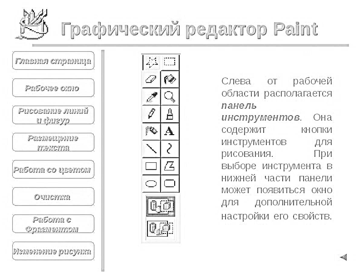 Панель инструментов графического редактора Paint с иконками инструментов для рисования и их описаниями