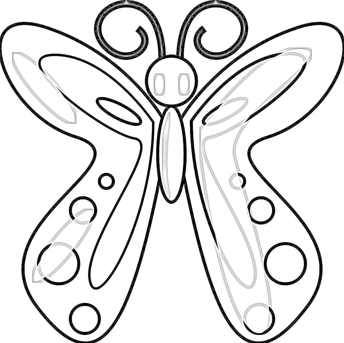 Раскраска Контур бабочки с завитками на усиках, крупными и мелкими кругами на крыльях, внутри которых геометрические фигуры.