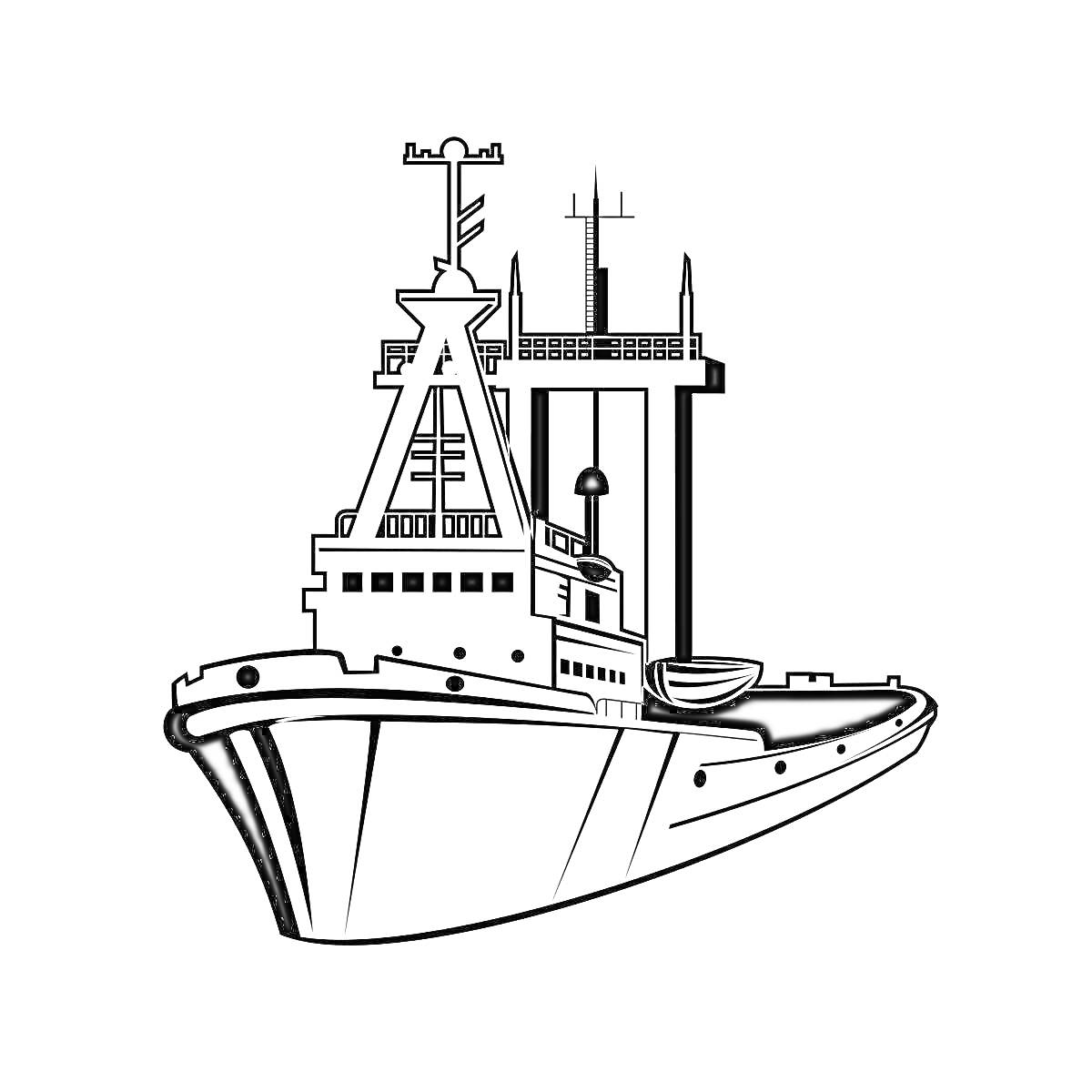 Раскраска Буксирное судно с мачтами и палубными надстройками