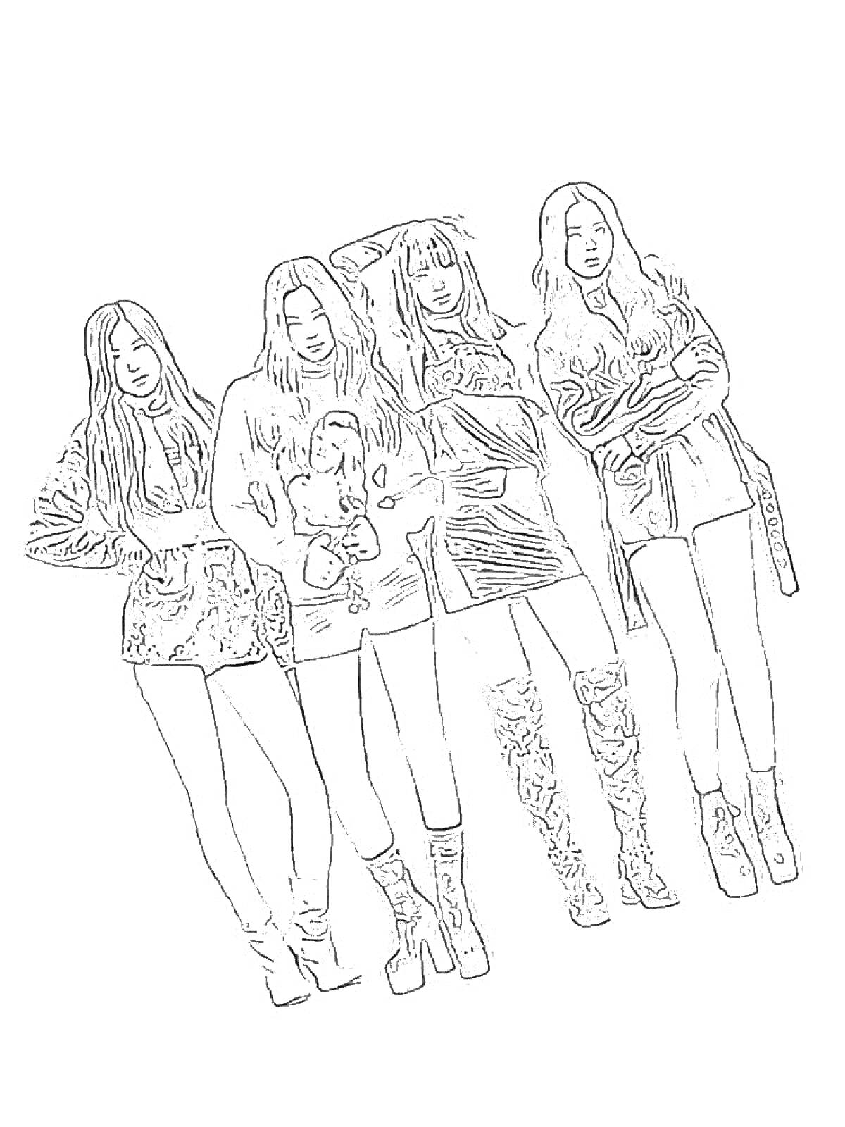 Раскраска Четыре девушки в нарядной одежде с длинными волосами