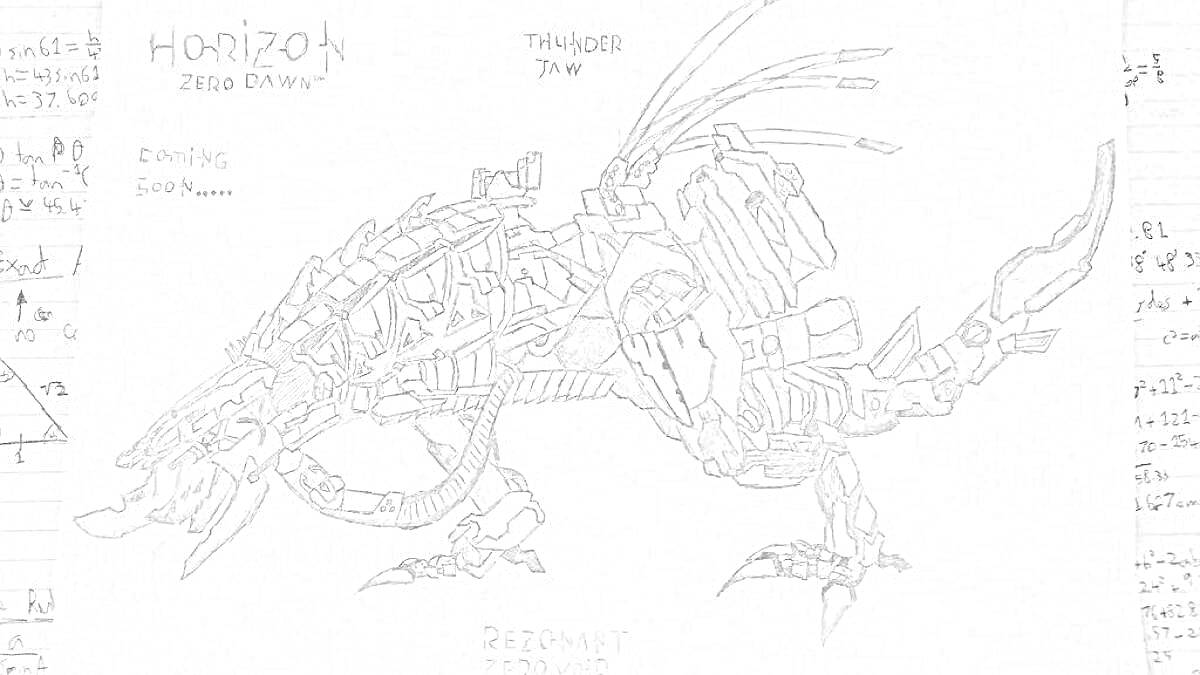 На раскраске изображено: Horizon Zero Dawn, Робот, Динозавр, Набросок, Искусство, Творчество