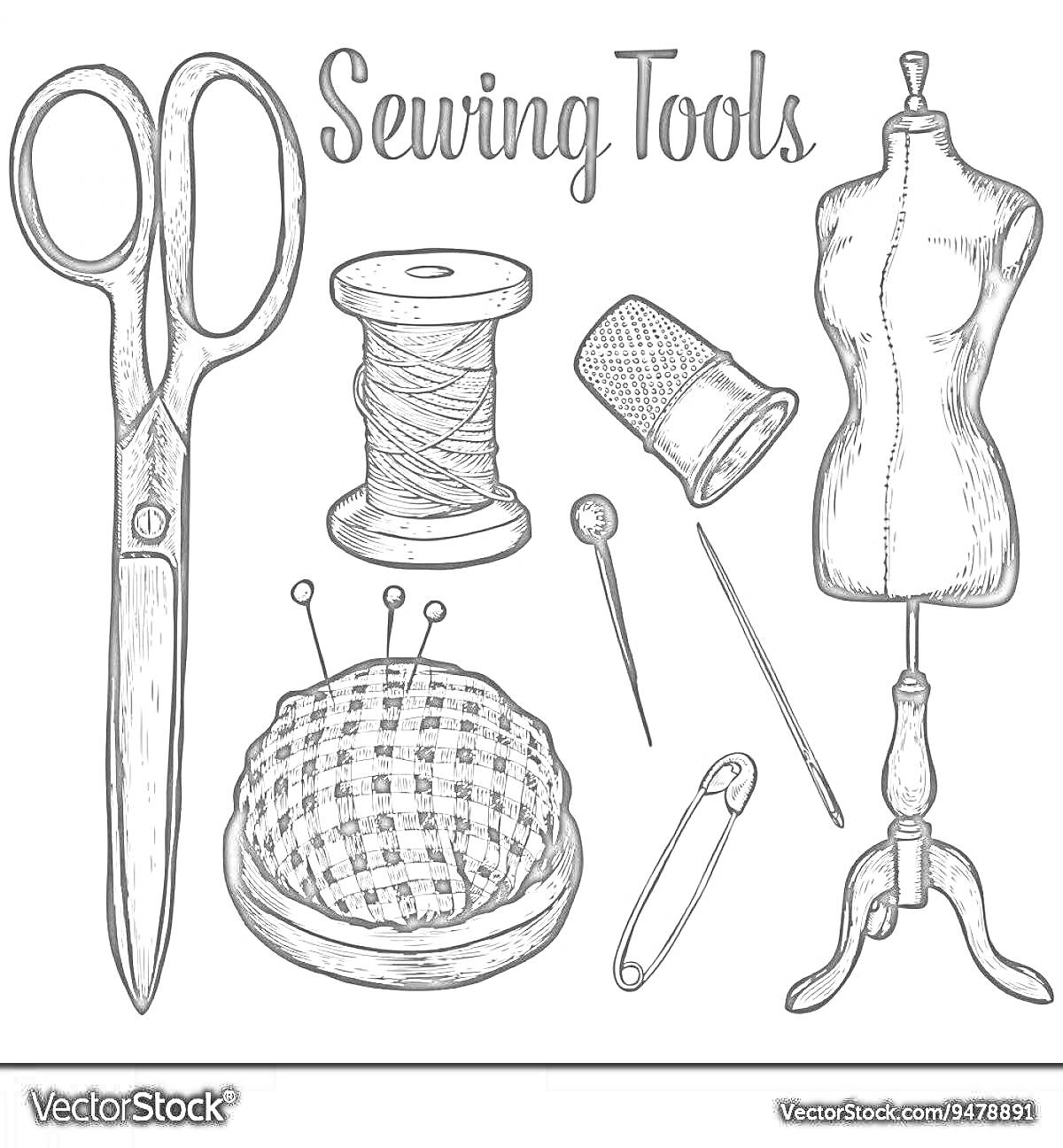 Раскраска Набор инструментов швеи - ножницы, нитка, наперсток, манекен, игольница с булавками, булавка, игла.