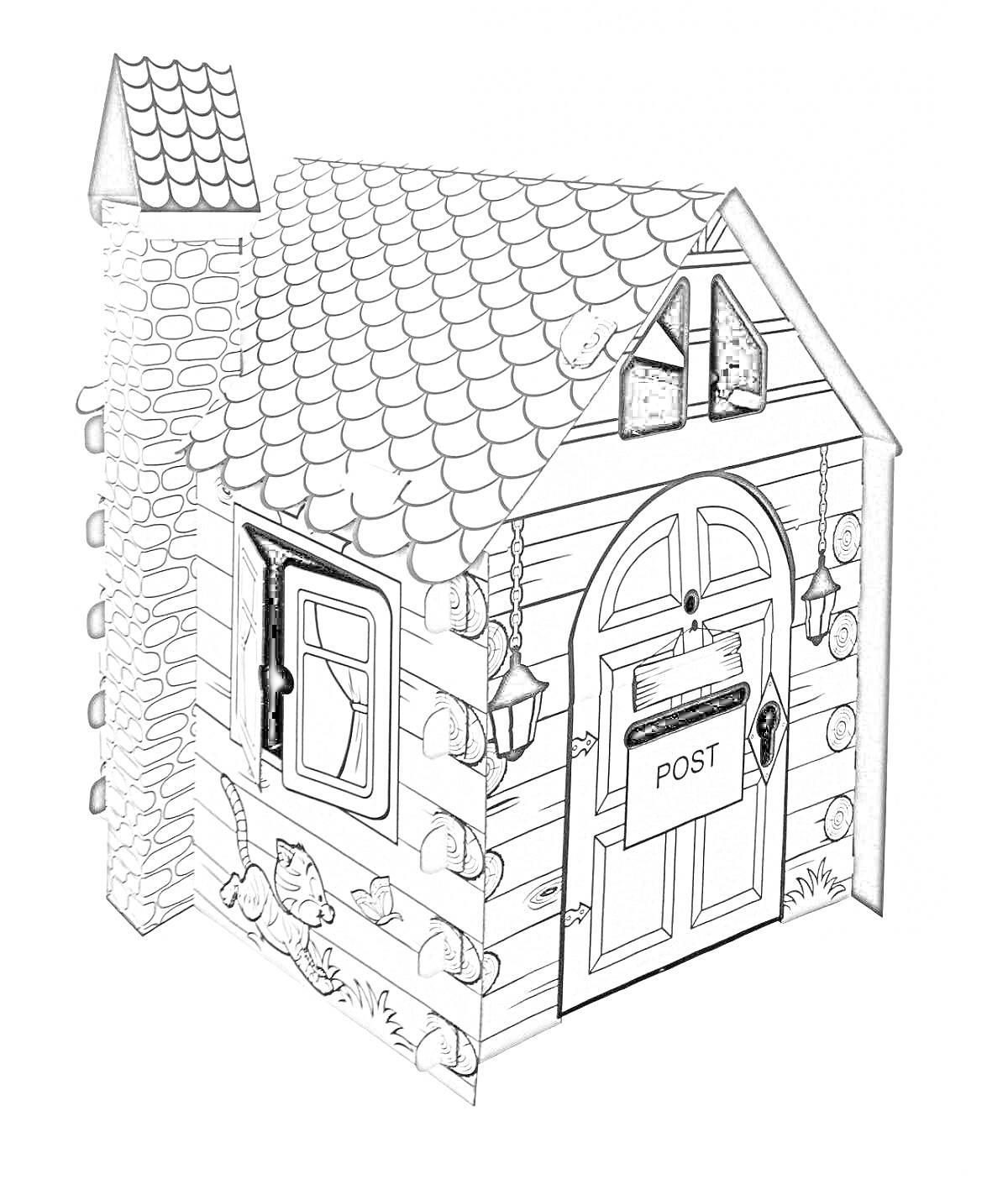 Раскраска Домик картонный с почтовым ящиком, окошком с раздвижной ставней и трубой, который можно раскрасить. На домике нарисованы фонари, цветы и кошка.