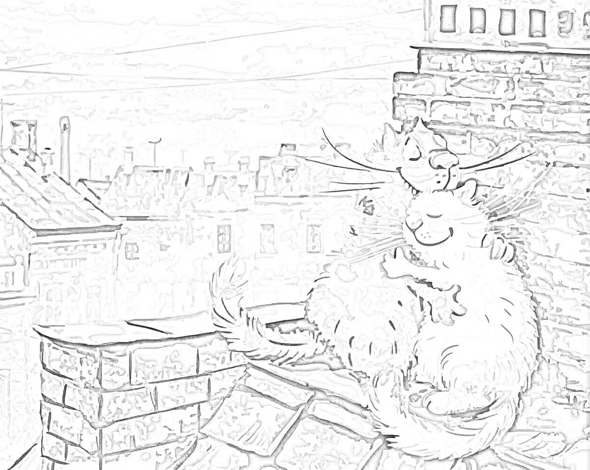 Раскраска Два кота на крыше, обнимающие друг друга; задний план – дома и дымовые трубы