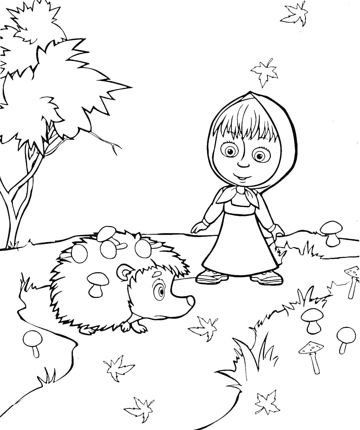 Раскраска Девочка в платке и ежик с грибами, деревья, листья и грибы на земле