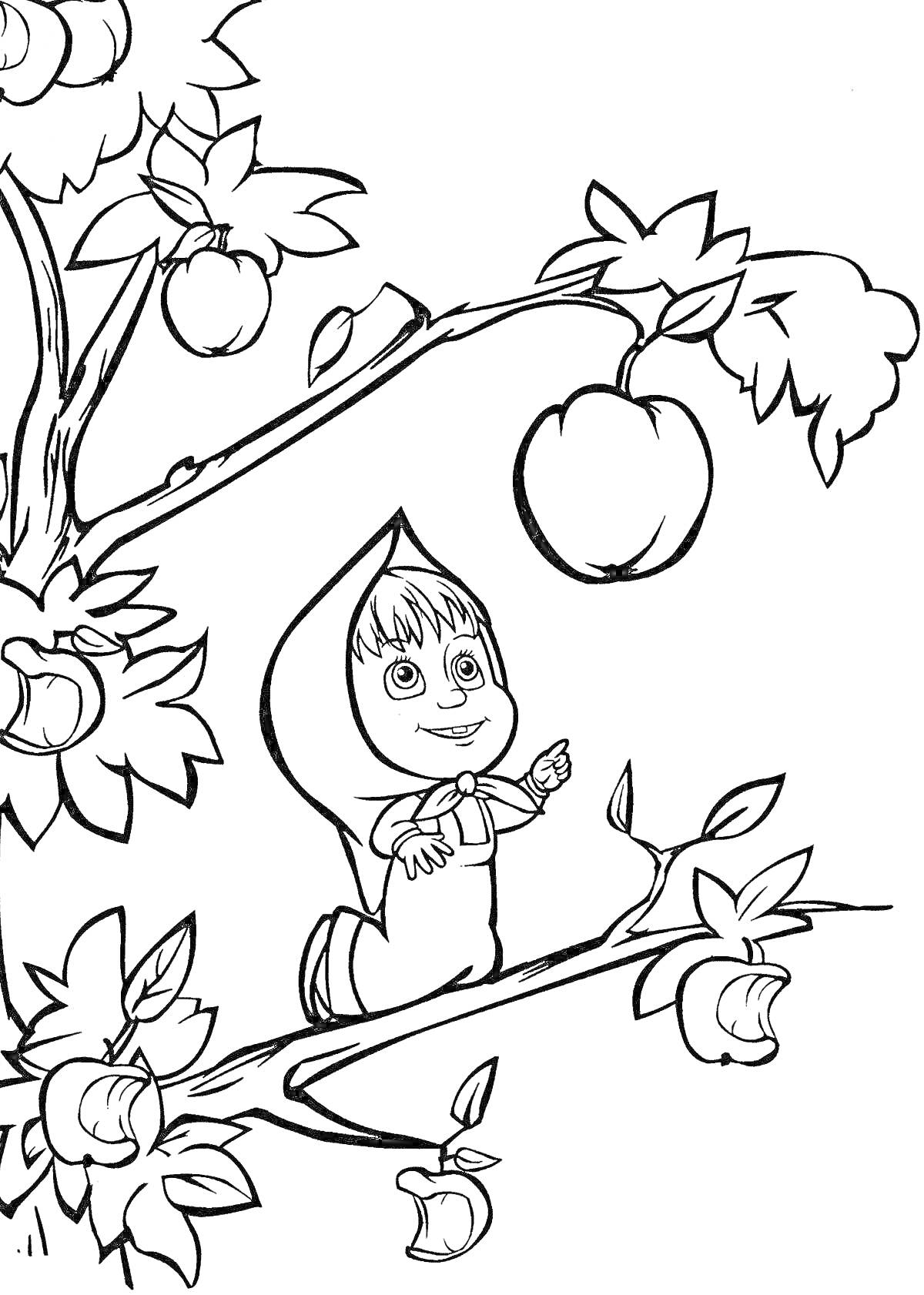Раскраска Маша у яблоневого дерева, указывающая на яблоко