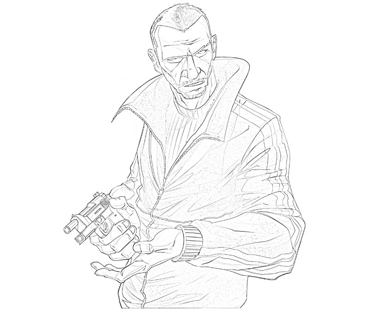 На раскраске изображено: Мужчина, Пистолет, Оружие, Гта