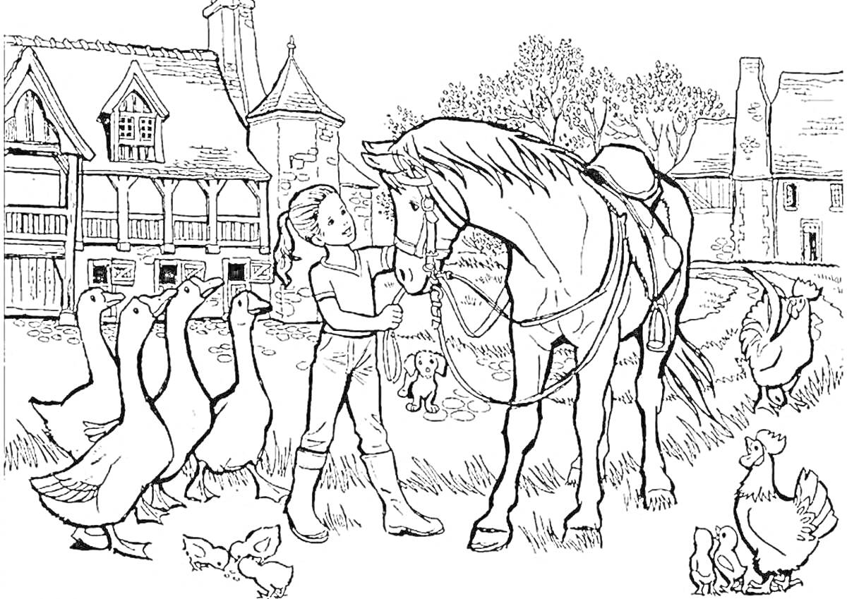 Раскраска Девочка с лошадью, гусями, утятами и курицей на фоне деревенских домов