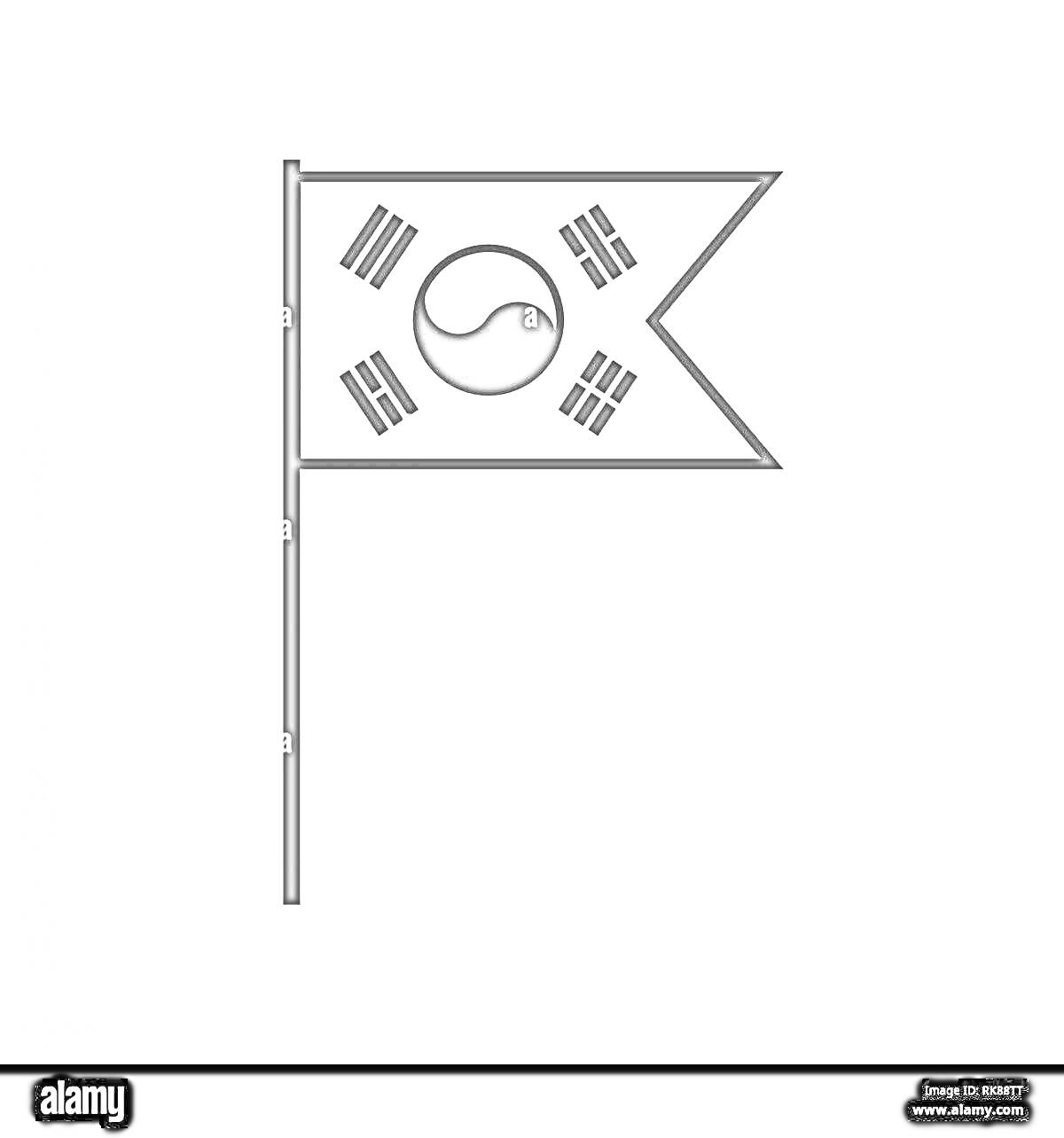 Раскраска Флаг Южной Кореи с символом инь-ян и триграммами на флагштоке