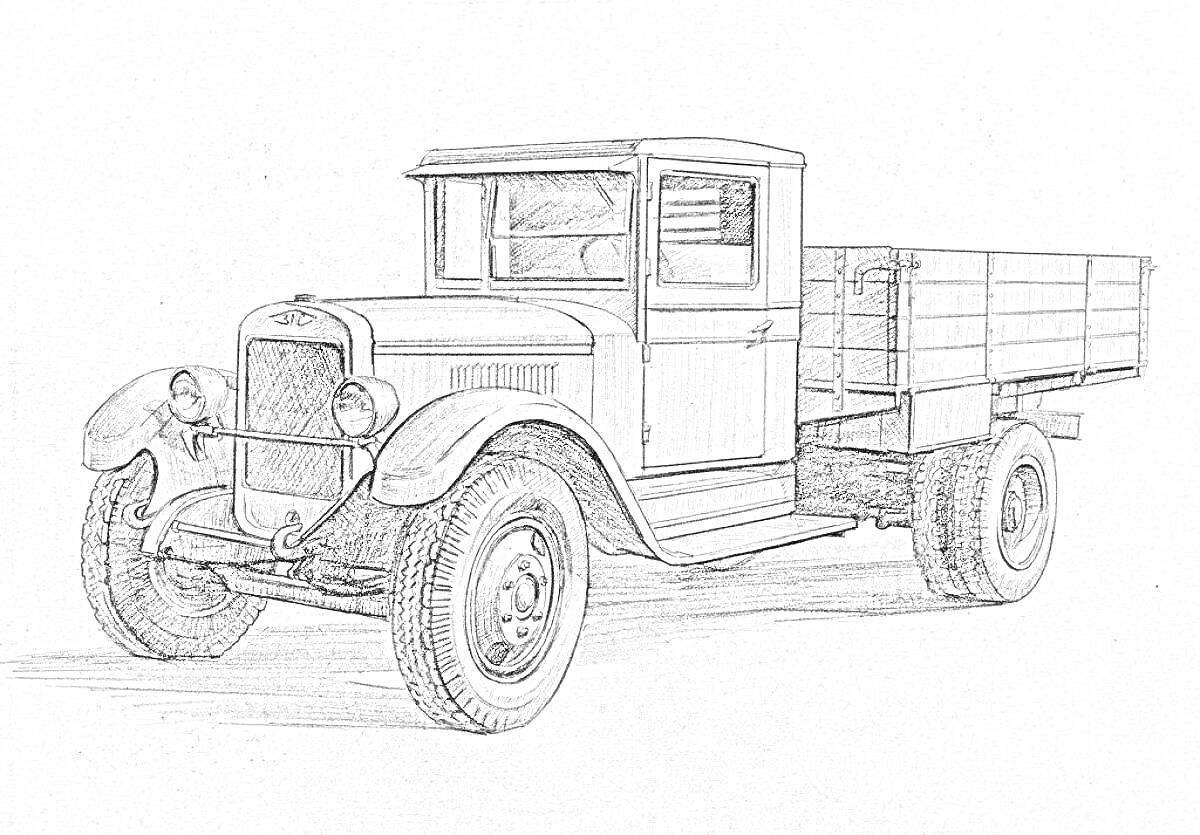 Раскраска Черно-белая раскраска грузового автомобиля ГАЗ-АА (полуторка) с открытым кузовом и деталями кабины