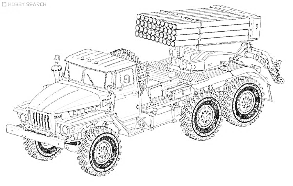 Раскраска Военный грузовик с ракетной установкой