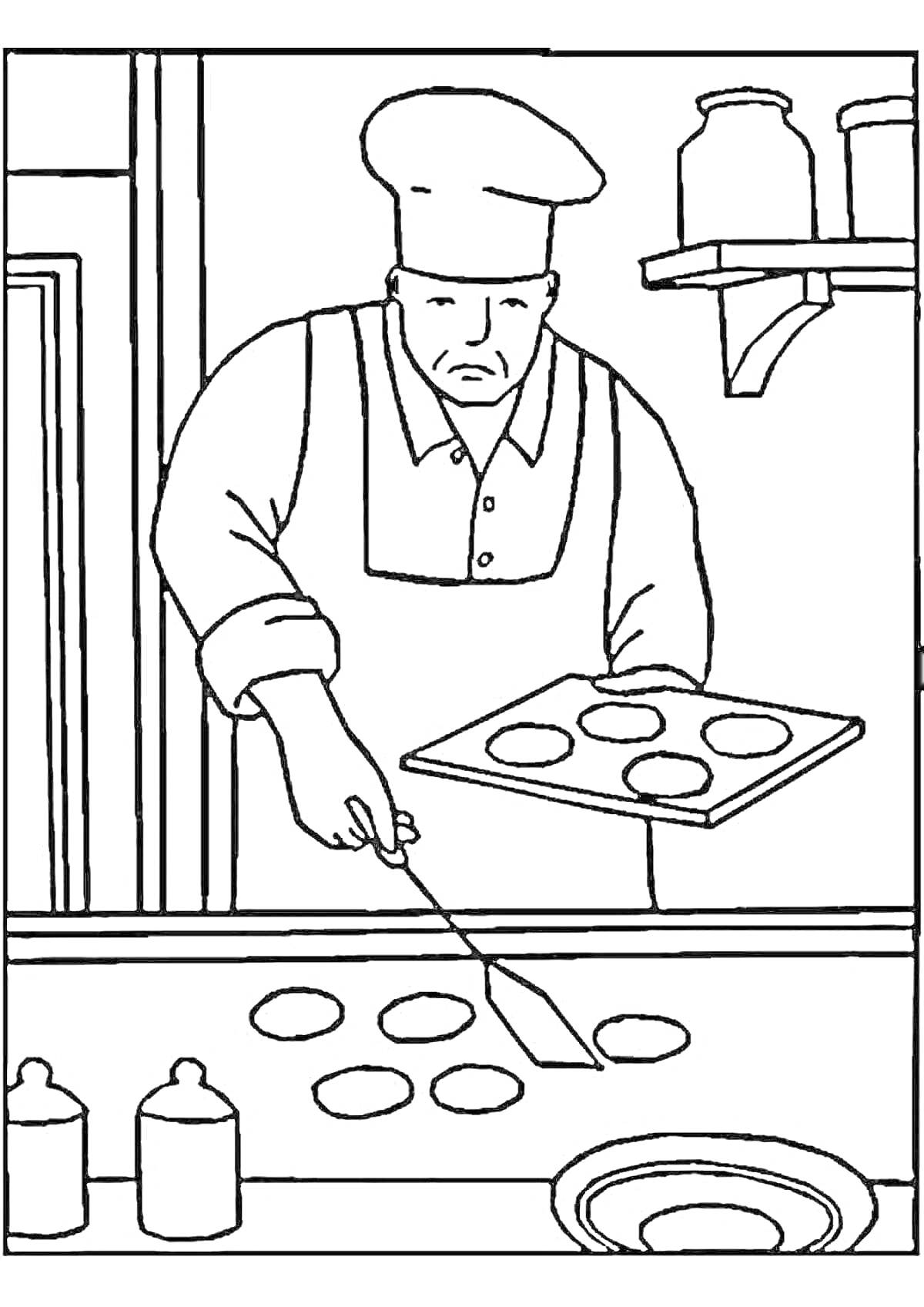 Раскраска Повар готовит печенье на кухне