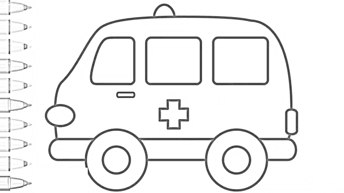 Раскраска Раскраска с изображением машины скорой помощи (сирена, крест на борту, четыре окна, два колеса)
