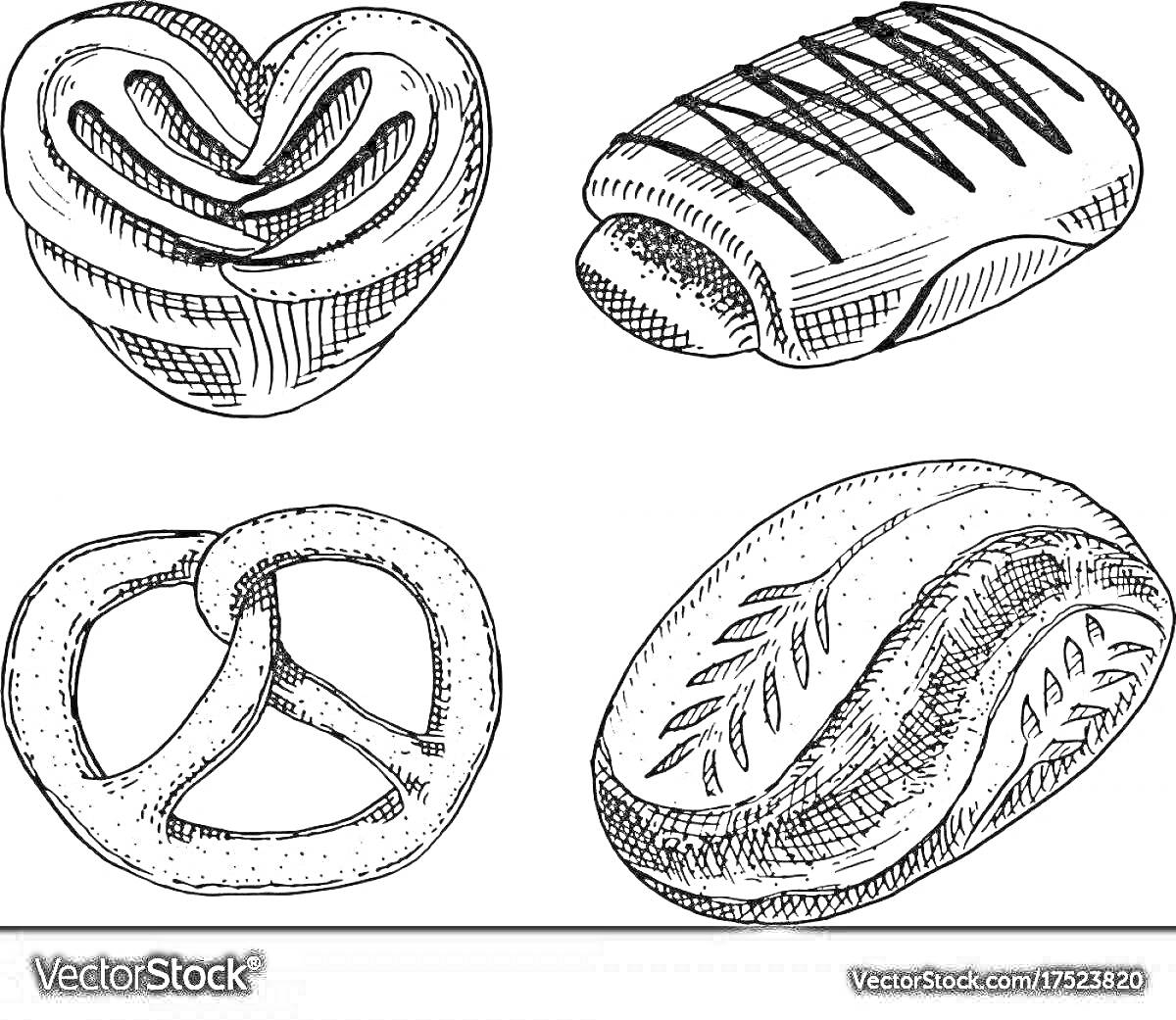 Раскраска Рисунок с булочками: сердечко, прямоугольник с полосками, крендель и овальная булочка с листочками