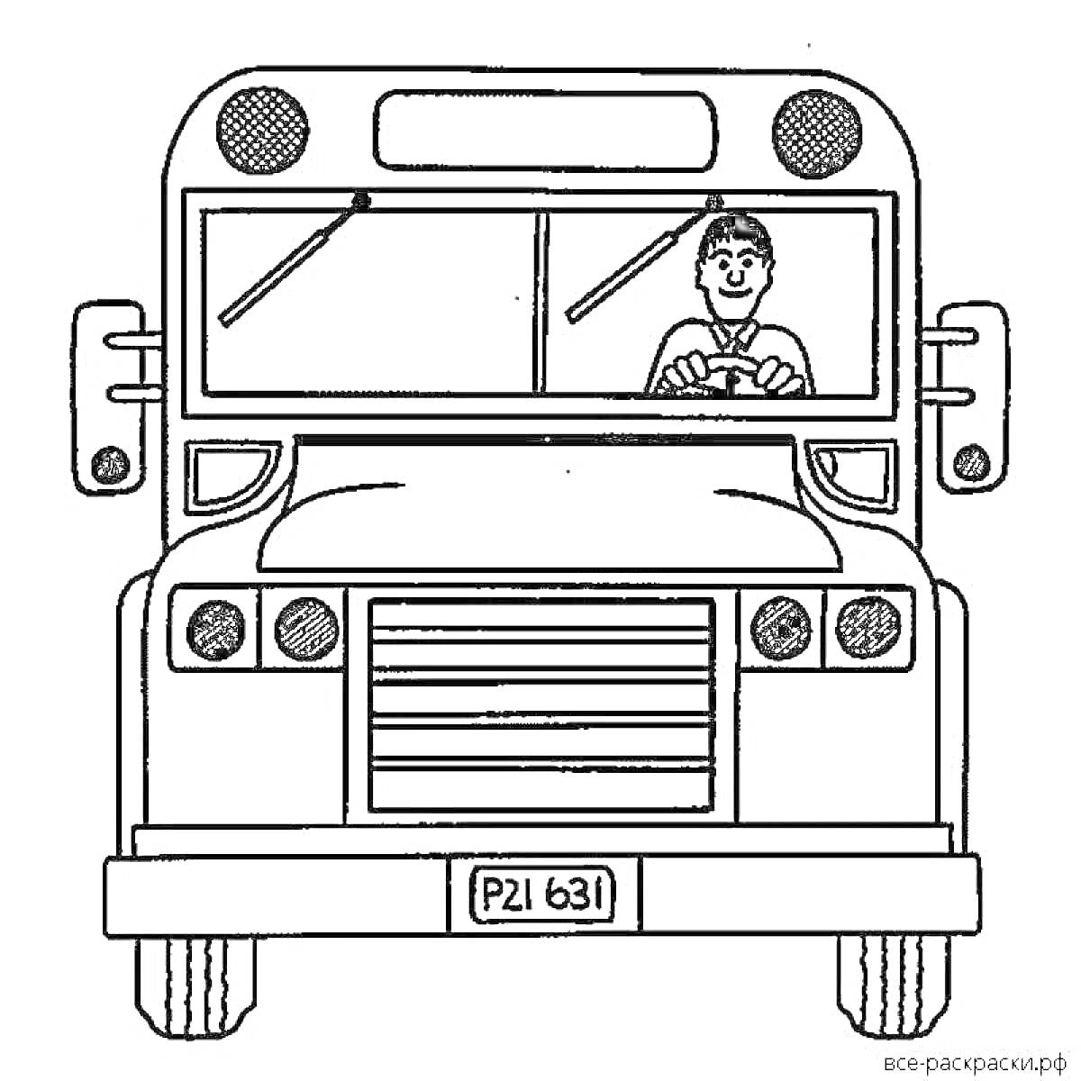 На раскраске изображено: Водитель, Автобус, Руль, Школьный автобус, Транспорт