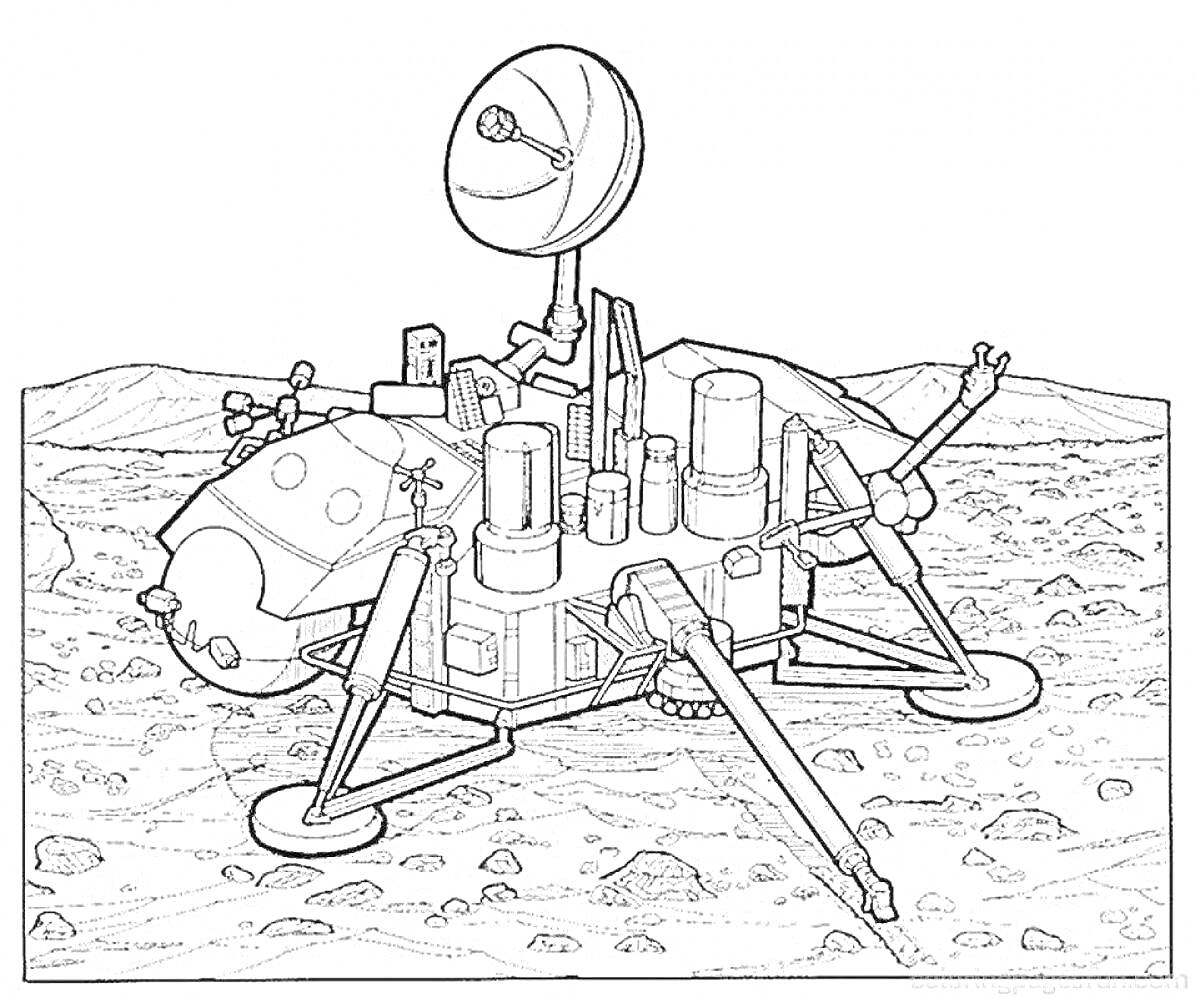 Раскраска Луноход с антенной и солнечными панелями на поверхности Луны