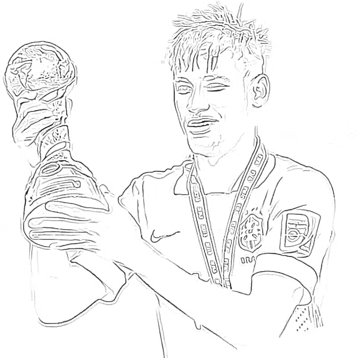 Раскраска Футболист с кубком в руках, значок сборной Бразилии, медаль на шее