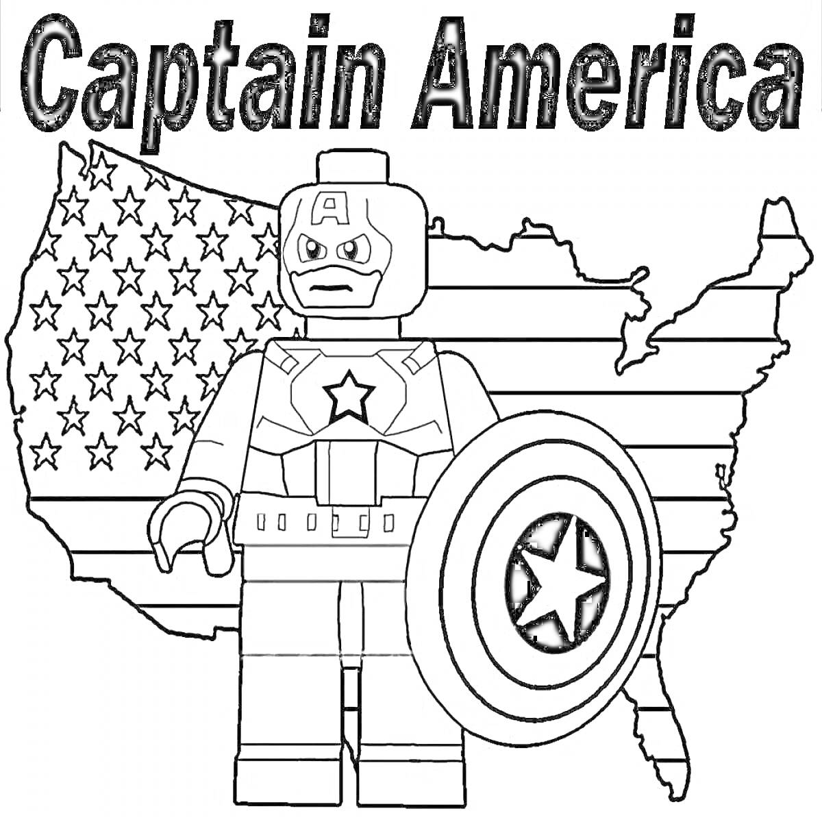 На раскраске изображено: Капитан Америка, Minecraft, Марвел, Карта США, Флаг США, Щит, Творчество, Американский флаг